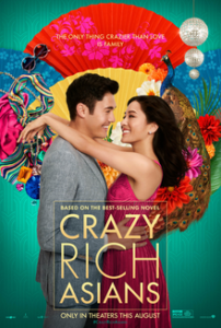 Movie poster for Crazy Rich Asians featuring the two protagonists holding each other in front of a colorful display.