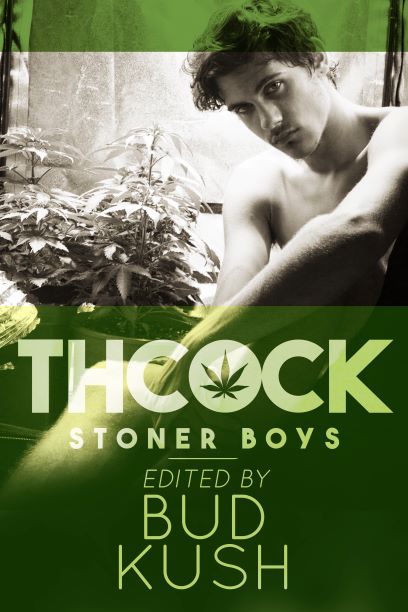 Cover of cannabis-inspired erotica anthology, THCock: Stoner Boys featuring a young man sitting naked next to a marijuana plant on a windowsill.